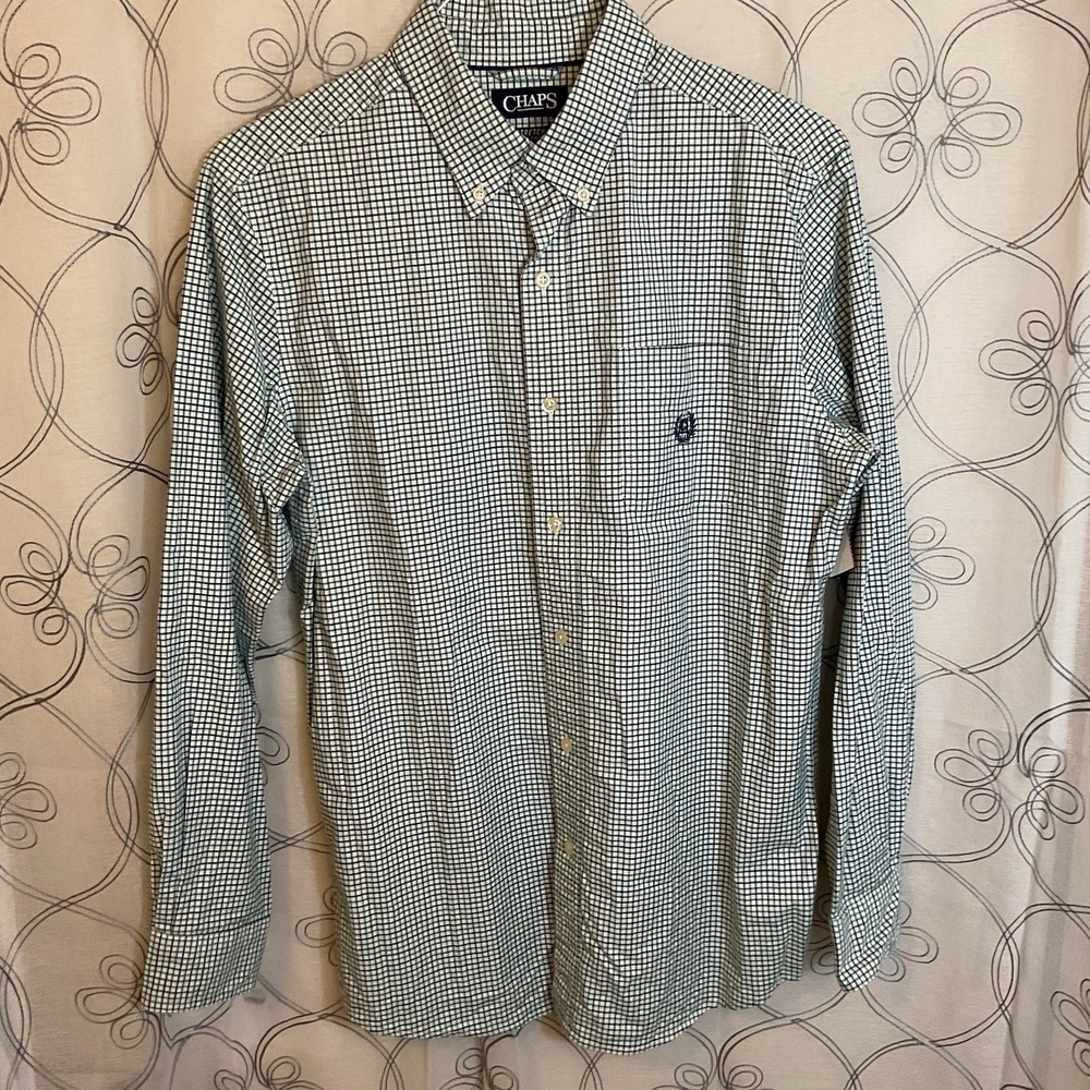 Men's Chaps stretch Oxford green/blue Play long sleeve‎ button shirt size medium